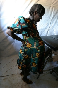 Pregnant woman at UNICEF-supported health center in Sam Ouandja refugee camp, credit: Pierre Holtz for UNICEF